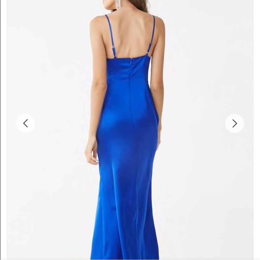 Forever 21 bright blue satin maxi prom dress ball gown knot V-neck sleeveless SM - Picture 2 of 6
